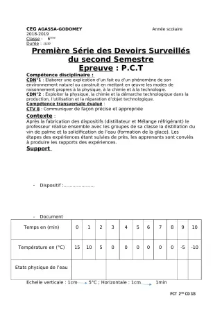 Première page de PCT 6e, 5e, 4e, 4e ML, 3e, 2nde C, 2nde D, 1ère C, 1ère D, Tle C — 1er devoir surveillé, 2e semestre (2018-2019) · CEG Agassa Godomey