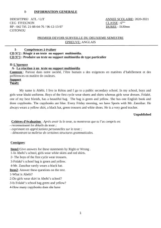 Première page de Anglais 6e — 1er devoir surveillé, 2e semestre (2020-2021) · CEG FIYEGNON