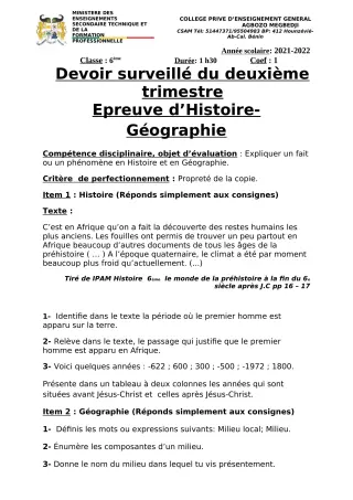 Première page de Histoire-Géographie 6e, 5e, 4e, 4e ML, 3e, 2nde A2, 2nde B, 2nde D, 1ère A2, 1ère B, 1ère D, Tle A2, Tle B, Tle D — 1er devoir surveillé, 2e trimestre (2021-2022) · CPEG AGBOZO MEGBEDJI