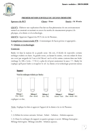 Première page de PCT 5e — 1er devoir surveillé, 2e trimestre (2019-2020) · CPEG ROSAIRE