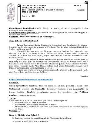 Première page de Allemand 3e ML — 2e devoir surveillé, 2e semestre (2019-2020) · CEG 1 Akpakpa-Centre