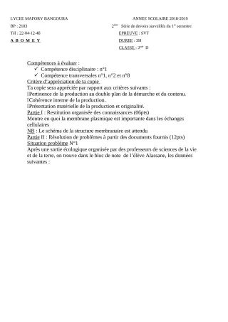 Première page de SVT 2nde D — 2e devoir surveillé, 1er semestre (2018-2019) · Lycée Houegbadja d'Abomey (Ex Mafory Bangoura)