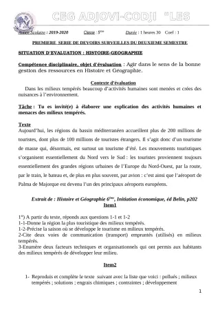 Première page de Histoire-Géographie 5e — 1er devoir surveillé, 2e semestre (2019-2020) · CEG ADJOVICODJI 'LES OLIVIERS'