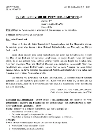 Première page de Allemand 2nde A & B, 2nde A1, 2nde A2, 2nde B — 1er devoir surveillé, 1er semestre (2019-2020) · CEG Attogon