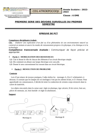 Première page de PCT 6e, 5e — 1er devoir surveillé, 1er semestre (2022-2023) · CEG ATROKPOCODJI