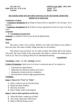 Première page de Anglais 6e — 2e devoir surveillé, 2e semestre (2018-2019) · CEG du Lac