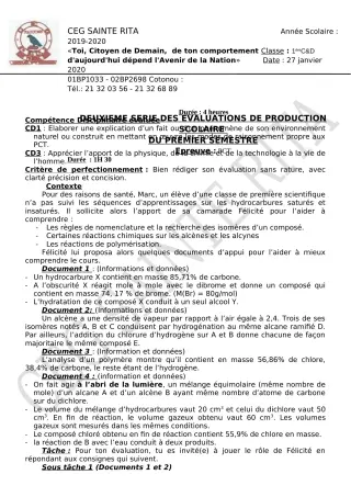 Première page de PCT 1ère C, 1ère D — Évaluation sommative, 1er semestre (2019-2020) · CEG Sainte Rita