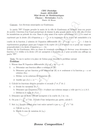 Première page de Mathématiques Tle D — Composition (2019-2020) · CEG Dantokpa