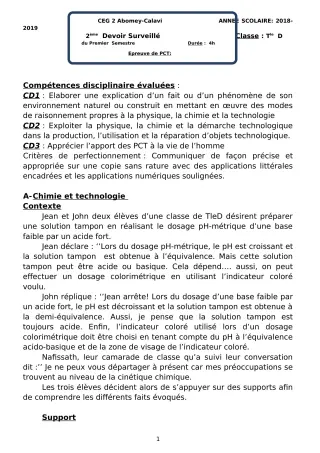 Première page de PCT Tle D — 2e devoir surveillé, 1er semestre (2018-2019) · CEG2 ABOMEY - CALAVI (CEG ZOCA)