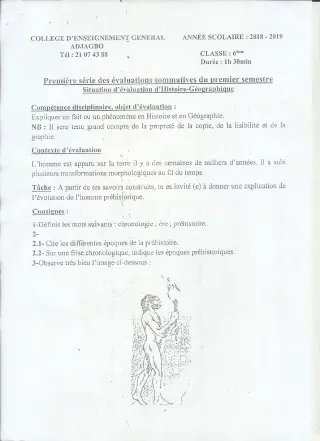 Première page de Histoire-Géographie 6e — 1re évaluation sommative, 1er semestre (2018-2019) · CEG ADJAGBO