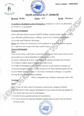 Première page de Histoire-Géographie 6e — Devoir surveillé, 1er trimestre (2020-2021) · CPEG ROSAIRE
