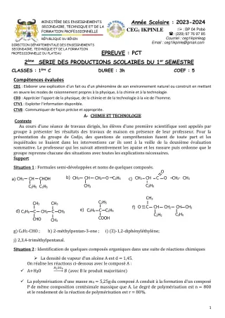 Première page de PCT 1ère C — 2e évaluation sommative, 1er semestre (2023-2024) · CEG1 Ikpinlè