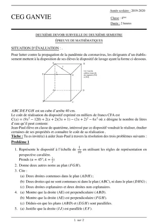 Première page de Mathématiques 4e, 4e ML — 2e devoir surveillé, 2e semestre (2019-2020) · CEG Ganvié