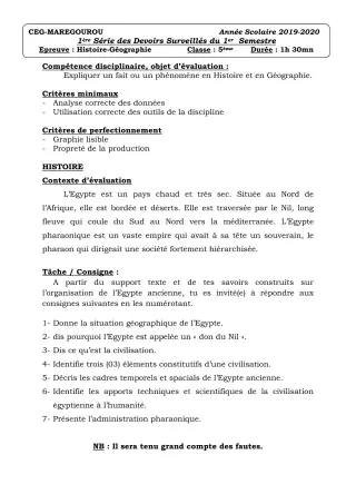 Première page de Histoire-Géographie 5e — 1er devoir surveillé (2019-2020) · CEG MAREGOUROU