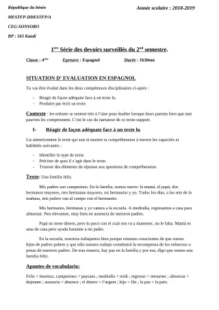 Première page de Espagnol 4e ML — 1er devoir surveillé, 2e semestre (2018-2019) · CEG SONSORO