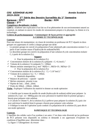 Première page de PCT 3e — 1er devoir surveillé, 1er semestre (2019-2020) · CEG AZOHOUE-ALIHO