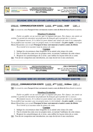 Première page de Français 6e, 5e, 4e, 3e, 2nde A2, 2nde B, 2nde C, 2nde D, 1ère A2, 1ère B, 1ère C, 1ère D, Tle A2, Tle B, Tle C, Tle D — Devoir surveillé (2023-2024) · CEG L'Entente