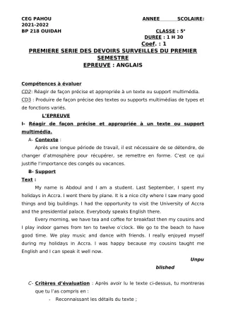 Première page de Anglais 5e — 1er devoir surveillé, 1er semestre (2021-2022) · CEG PAHOU