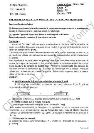 Première page de PCT 4e — 1re évaluation sommative, 2e semestre (2018-2019) · CEG Le Plateau