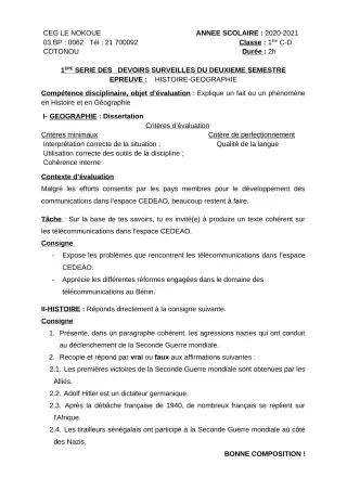 Première page de Histoire-Géographie 1ère C, 1ère D — 1er devoir surveillé, 2e semestre (2020-2021) · CEG LE NOKOUE
