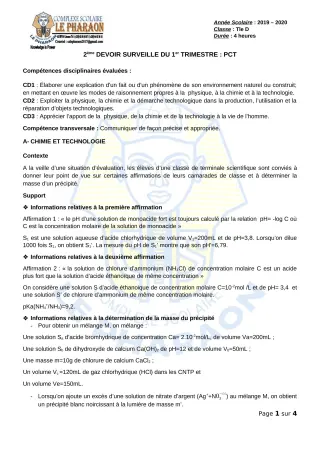 Première page de PCT Tle D — 2e devoir surveillé, 1er trimestre (2019-2020) · CPEG LE PHARAON