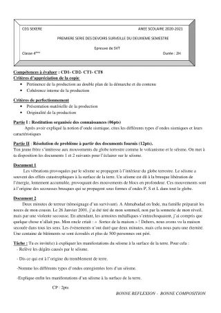 Première page de SVT 4e — 1er devoir surveillé, 2e semestre (2020-2021) · CEG SEKERE