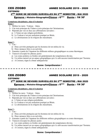 Première page de Histoire-Géographie 6e — 2e devoir surveillé, 2e semestre (2019-2020) · CEG ZOGBO