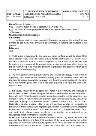 Première page de Anglais Tle A2, Tle D — 1er devoir surveillé, 1er semestre (2019-2020) · CEG Kaïtèmè