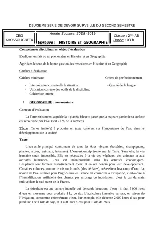 Première page de Histoire-Géographie 6e, 5e, 4e, 4e ML, 3e, 3e ML, 2nde A & B, 2nde D — 2e devoir surveillé, 2e semestre (2018-2019) · CEG Ahossougbéta