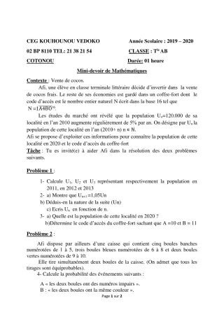 Première page de Mathématiques Tle A1, Tle A2, Tle B — Devoir surveillé (2019-2020) · CEG Kouhounou-Vêdoko