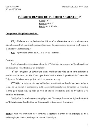 Première page de PCT 5e — 1er devoir surveillé, 1er semestre (2019-2020) · CEG Attogon