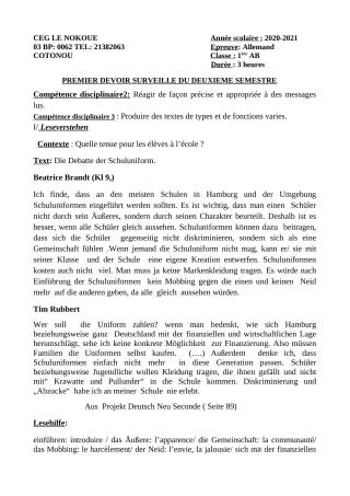 Première page de Allemand 1ère A1, 1ère A2, 1ère B — 1er devoir surveillé, 2e semestre (2020-2021) · CEG LE NOKOUE