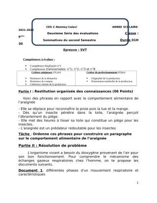 Première page de SVT 6e — 2e évaluation sommative, 2e semestre (2021-2022) · CEG2 ABOMEY - CALAVI (CEG ZOCA)