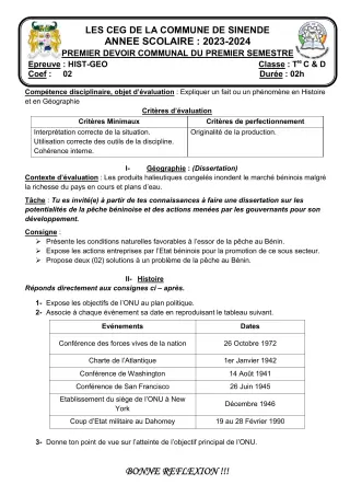 Première page de Histoire-Géographie Tle D — 1er devoir surveillé, 1er semestre (2023-2024) · CEG SEKERE