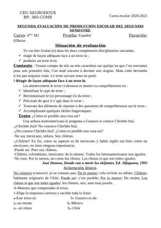 Première page de Espagnol 4e ML, 3e ML, 2nde A & B, 1ère A & B, Tle A1 — 2020-2021 · CEG SEGBOHOUE