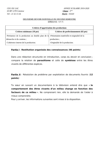 Première page de SVT 5e — 2e devoir surveillé, 2e semestre (2019-2020) · CEG du Lac