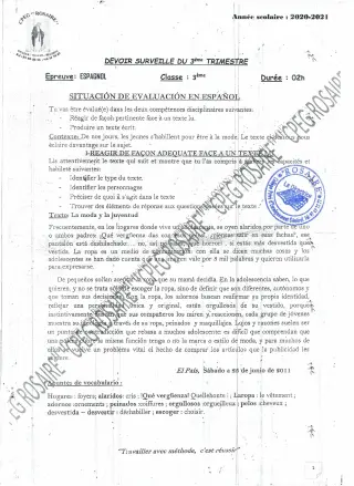 Première page de Espagnol 3e ML — Devoir surveillé, 3e trimestre (2020-2021) · CPEG ROSAIRE