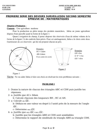 Première page de Mathématiques 3e, 3e ML — 1er devoir surveillé, 2e semestre (2020-2021) · CEG HOUEYIHO