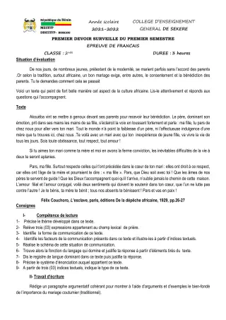 Première page de Français 2nde A2, 2nde D — 1er devoir surveillé, 1er semestre (2021-2022) · CEG SEKERE
