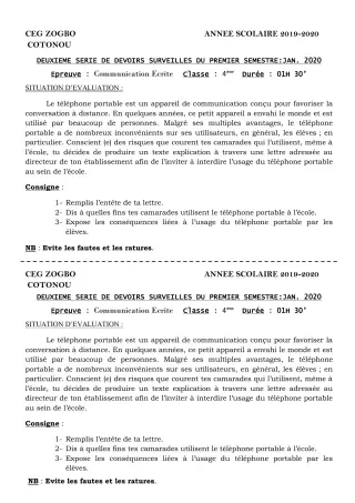 Première page de Français 4e, 4e ML — 2e devoir surveillé, 1er semestre (2019-2020) · CEG ZOGBO