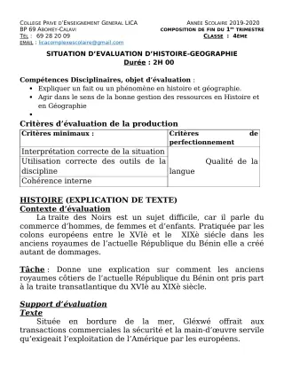 Première page de Histoire-Géographie 4e, 4e ML, 2nde C, 2nde D — Composition, 1er trimestre (2019-2020) · CPEG LICA
