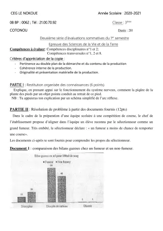 Première page de SVT 3e, 3e ML — Évaluation sommative, 1er semestre (2020-2021) · CEG LE NOKOUE