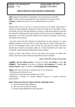 Première page de Devoir surveillé de ALLEMAND — 1ère A2, 1ère B — CEG Banikanni (2018)