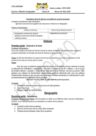 Première page de Histoire-Géographie 4e, 4e ML — 2e devoir surveillé, 2e semestre (2019-2020) · CEG ZOGBO