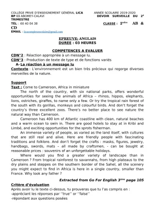 Première page de Anglais 2nde A2, 2nde B, 2nde C, 2nde D — Devoir surveillé, 1er trimestre (2019-2020) · CPEG LICA