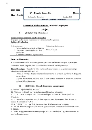 Première page de Histoire-Géographie Tle C, Tle D — Devoir surveillé, 1er semestre (2018-2019) · CEG2 ABOMEY - CALAVI (CEG ZOCA)