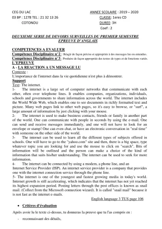 Première page de Anglais 1ère C, 1ère D — 2e devoir surveillé, 1er semestre (2019-2020) · CEG du Lac