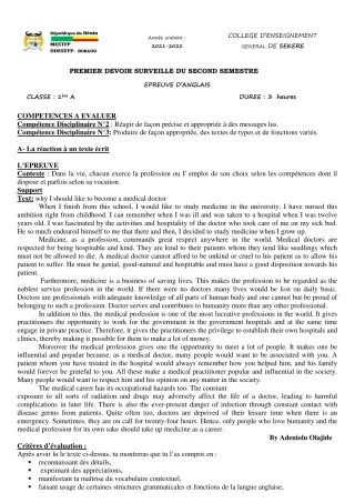 Première page de Anglais 1ère A2 — 1er devoir surveillé, 2e semestre (2021-2022) · CEG SEKERE