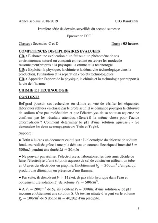 Première page de PCT 2nde C, 2nde D — 1er devoir surveillé, 2e semestre (2018-2019) · CEG Banikanni
