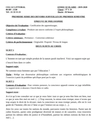Première page de Philosophie Tle C, Tle D — 1er devoir surveillé, 1er semestre (2019-2020) · CEG Le Littoral